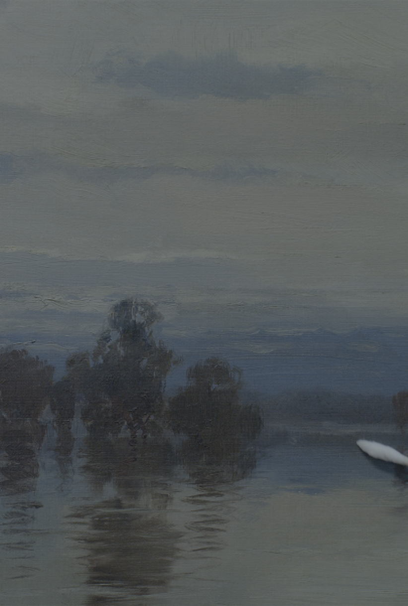 Still from Darling Darling, Gabriella Hirst. Surface cleaning of W. C Piguenit’s Flood of the Darling, 1890. AGNSW painting conservation department.